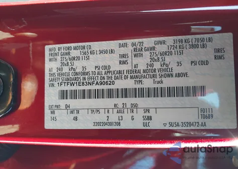 2022 Ford F-150 Xlt из США, поврежденный, VIN 1FTFW1E83NFA90620